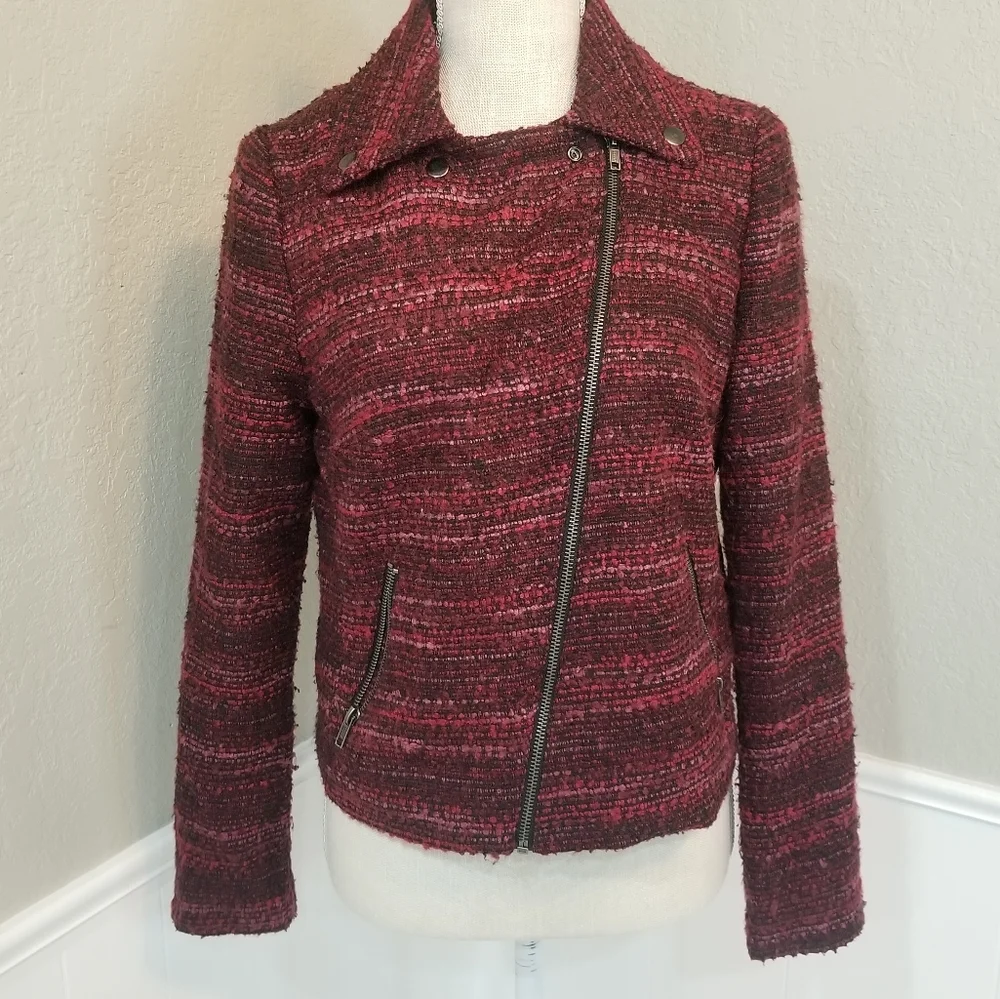Dana Buchman Chili Pepper Red Moto Full Diagonal Tweed Jacket